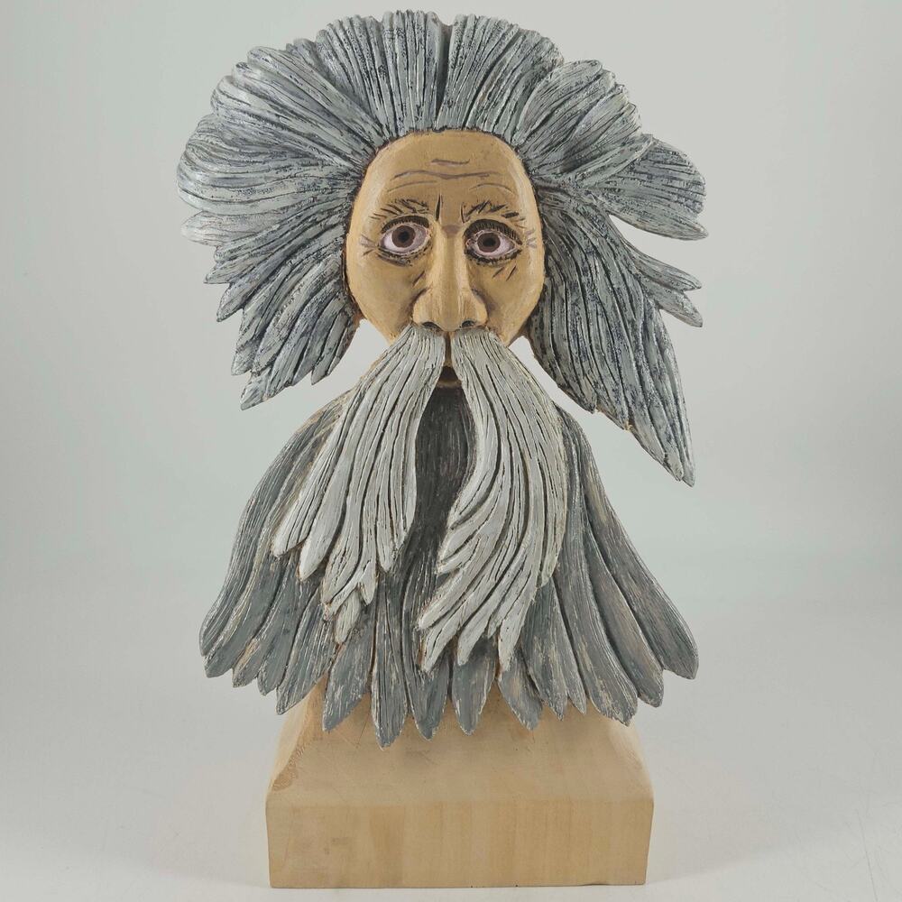 Carved Wood Spirit Carving Forest Face Sculpture Tree Wizard signed folk Art 11"